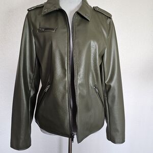 APT 9 Womens Faux Olive Leather Jacket Moto Biker Coat Size Medium Zip Front